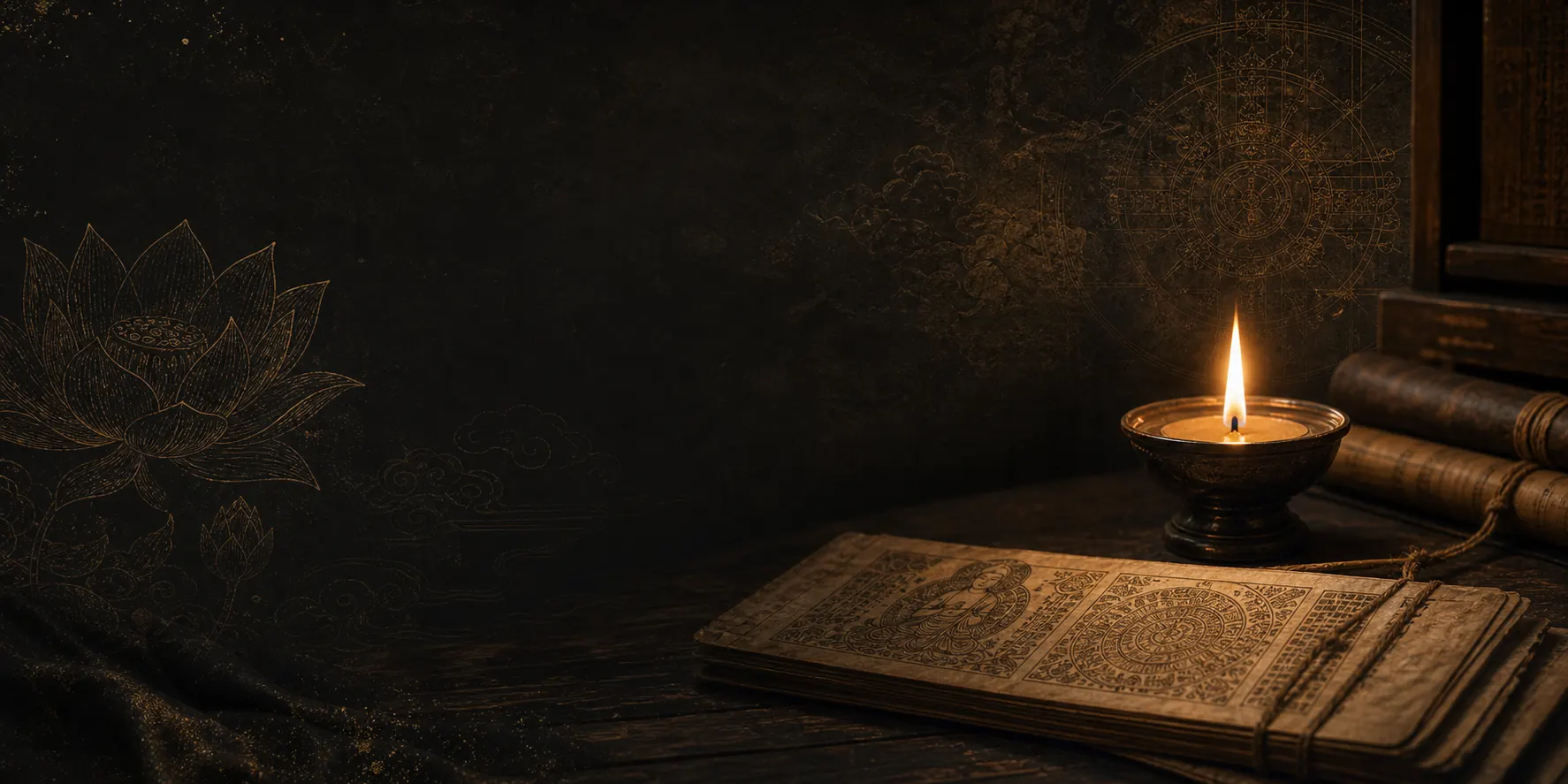 Lamp and Buddhist manuscript on a dark archival table
