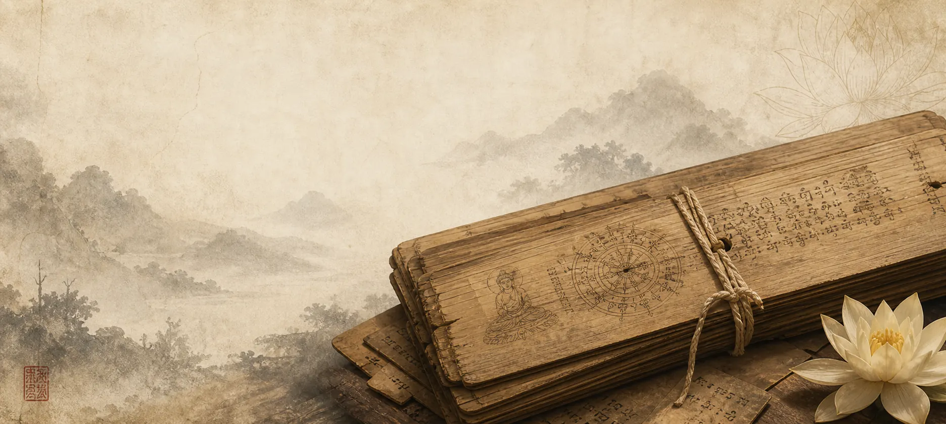 Palm-leaf Buddhist manuscript on an archival table